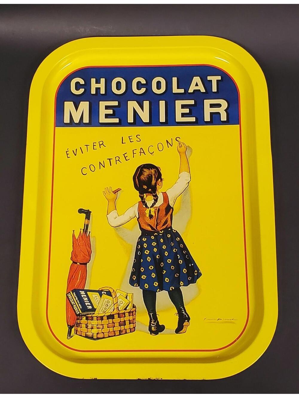 Vintage Chocolat Menier Yellow Metal Tray Iconic French Advertising Collectible